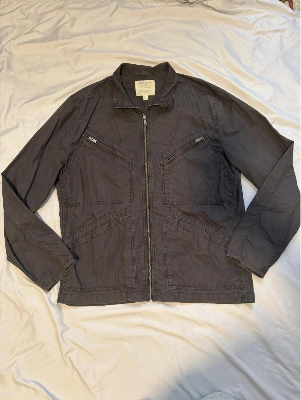 Lucky Brand Gray Jacket Men's L Regular Full Zip Pockets Stand-Up Collar Short